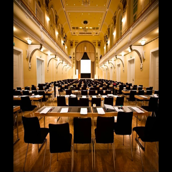 Elegant event space set up with AV rentals for presentations and conferences